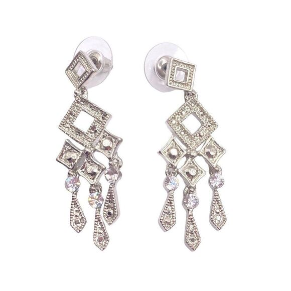 Silver rhinestone diamond shaped dangle drop earrings - Picture 1 of 4